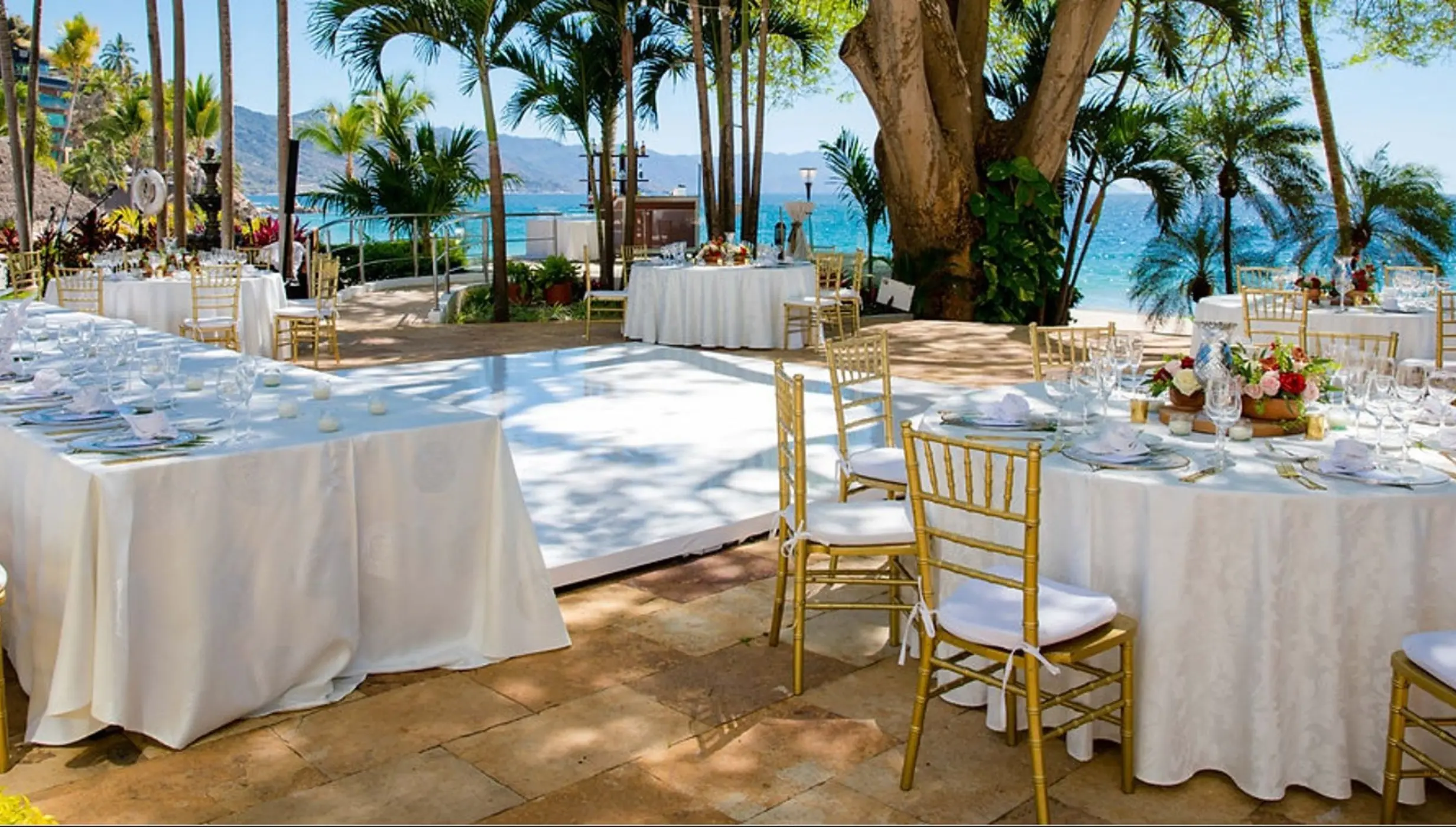 Outdoor wedding reception setup on Las Palmas Terrace at Hyatt Ziva Puerto Vallarta