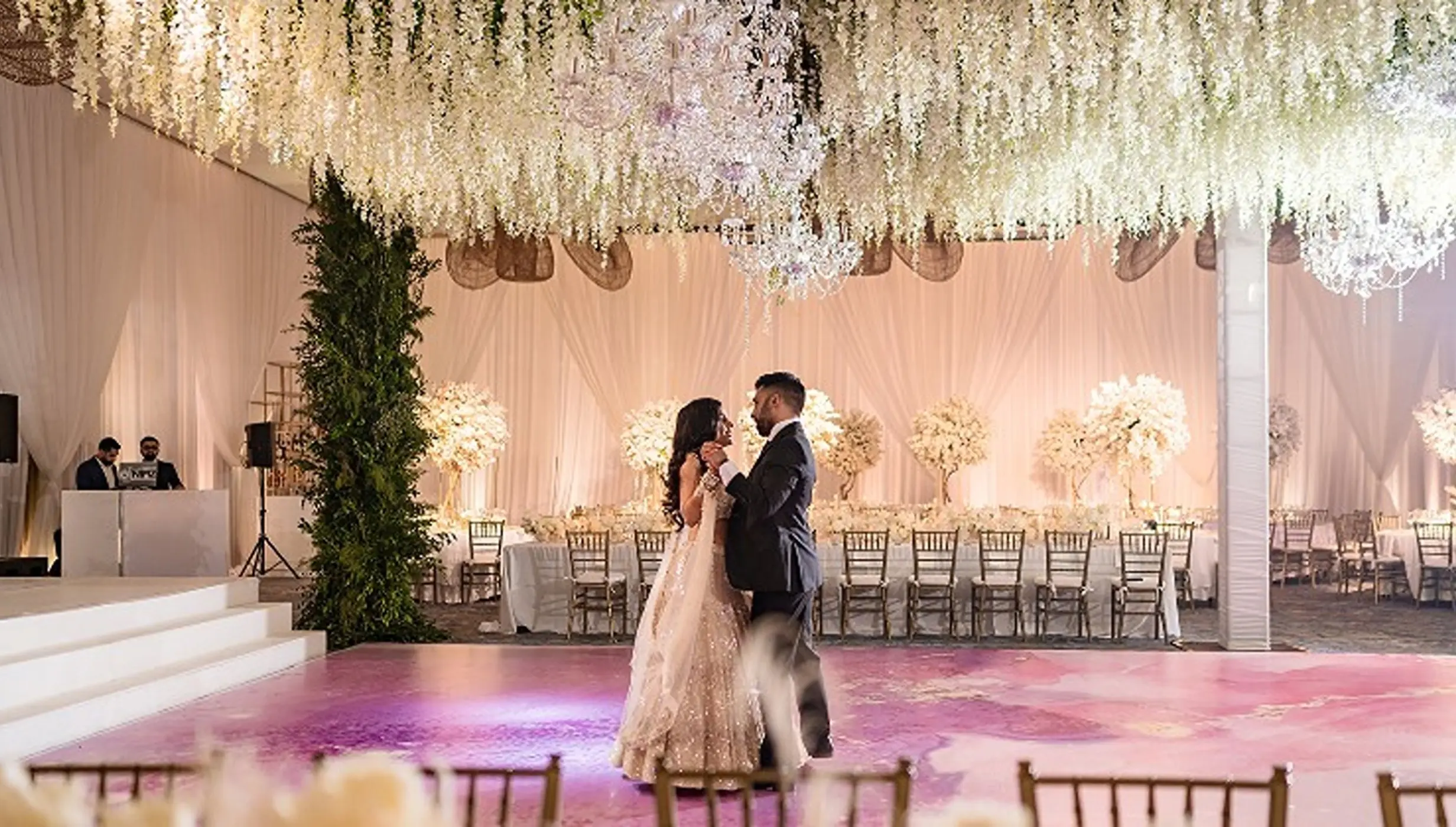 First dance in the ballroom under floral ceiling installations at Hyatt Ziva Puerto Vallarta, Puerto Vallarta