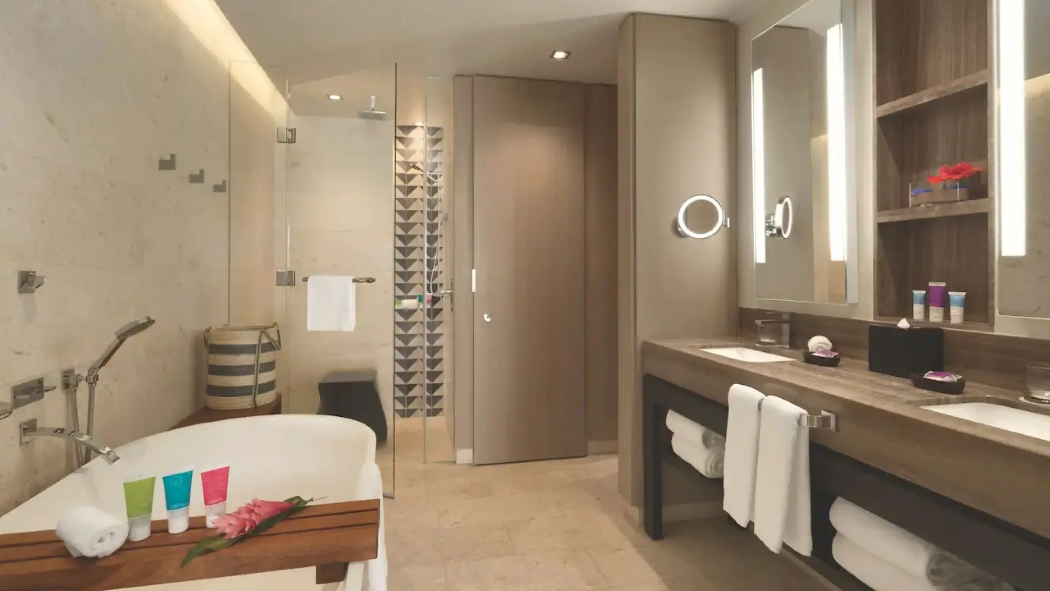 Modern ocean view junior suite bathroom with soaking tub and walk-in shower at Hyatt Ziva Rose Hall, Montego Bay