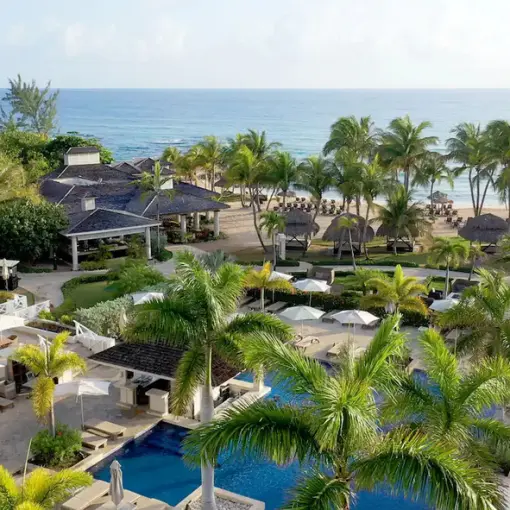 Aerial view of Hyatt Ziva Rose Hall pool, palm trees, and beach, Montego Bay