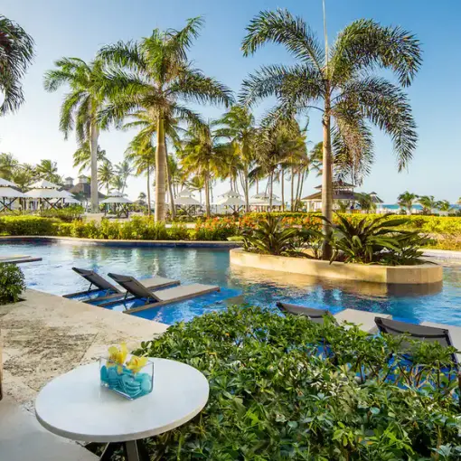 Swim-out suite terrace with pool and tropical palm trees at Hyatt Ziva Rose Hall, Montego Bay