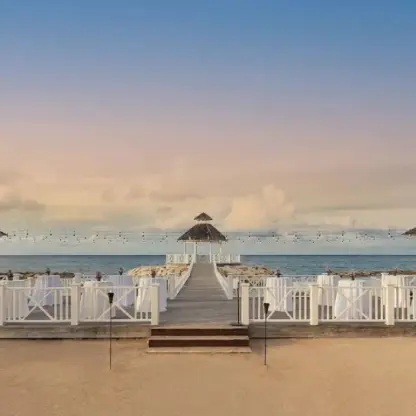 Oceanfront wedding reception deck and gazebo at Hyatt Ziva Rose Hall, Montego Bay