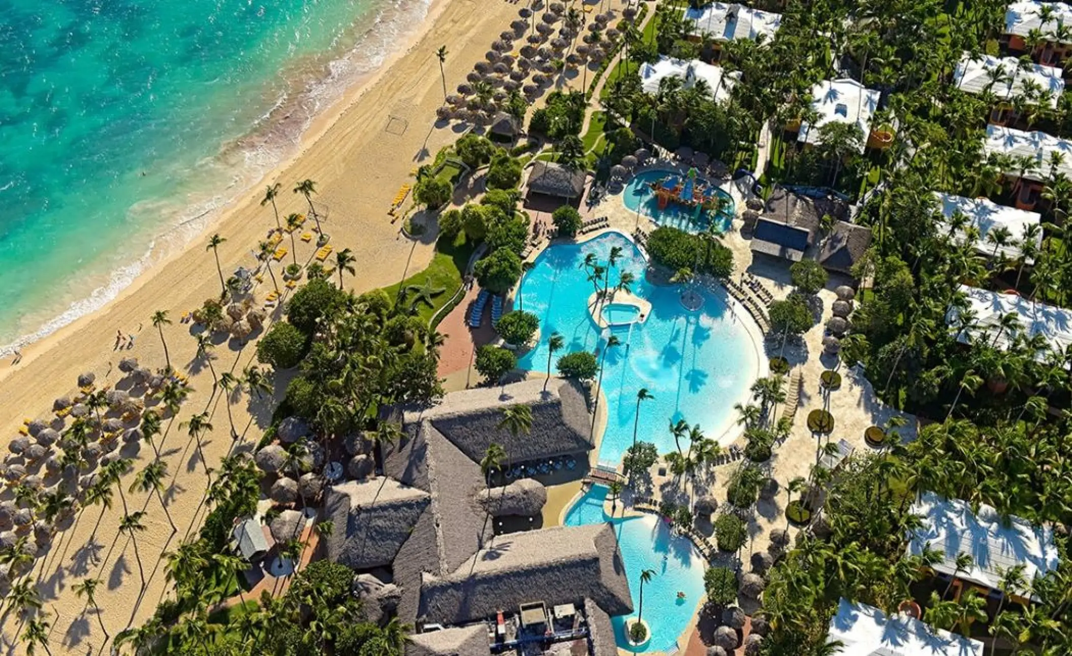 Aerial view of Iberostar Selection Bavaro beach and swimming pools, Punta Cana