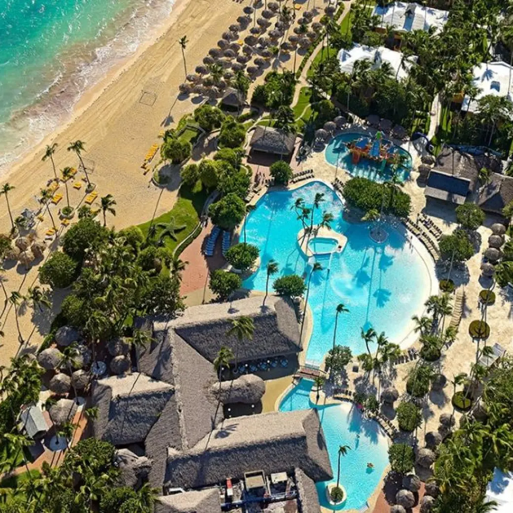 Aerial view of Iberostar Selection Bavaro beach and swimming pools, Punta Cana