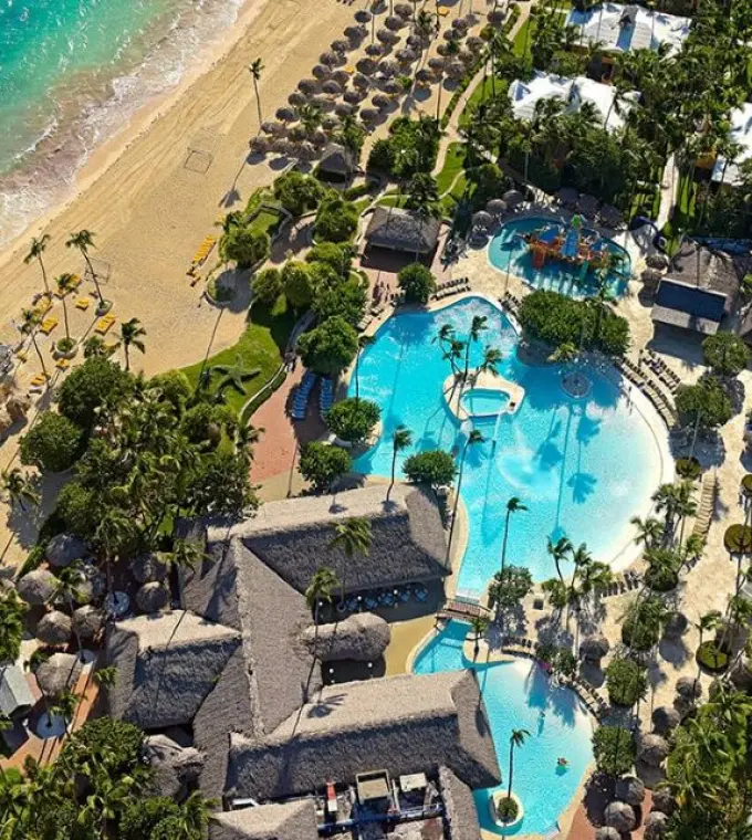 Aerial view of Iberostar Selection Bavaro beach and swimming pools, Punta Cana