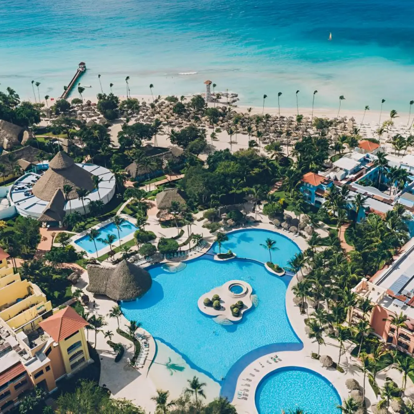 Aerial view of pools and beachfront at Iberostar Selection Hacienda Dominicus, La Romana