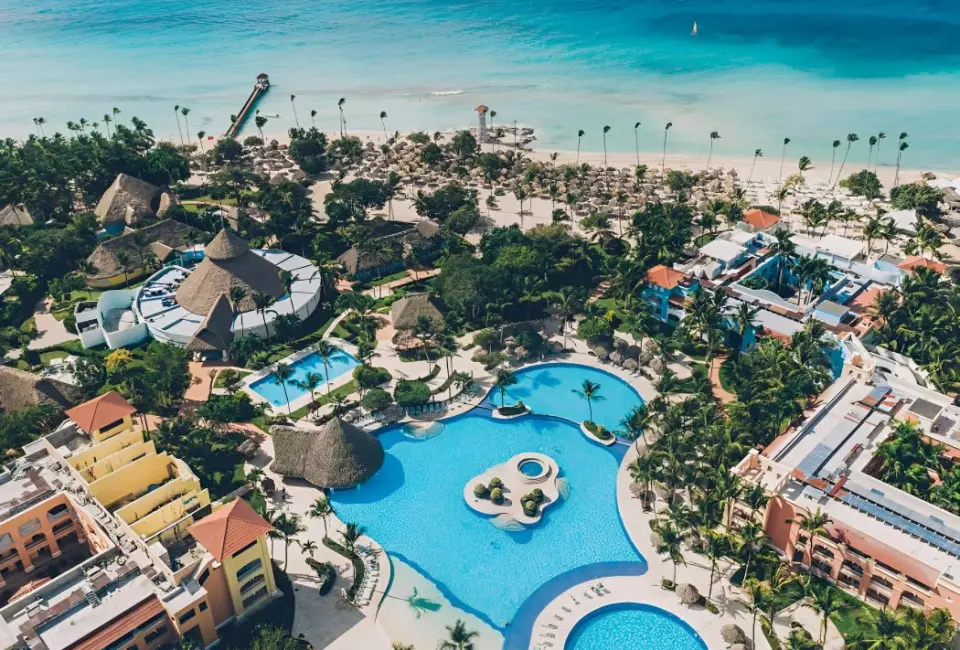 Aerial view of pools and beachfront at Iberostar Selection Hacienda Dominicus, La Romana