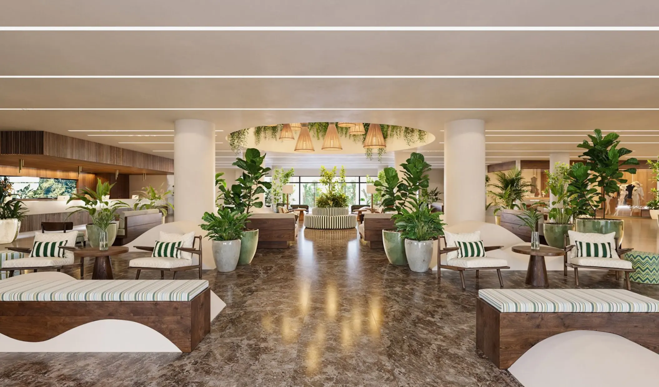 Modern open-concept lobby with potted plants and seating at Iberostar Selection Riviera Cancun, Cancun
