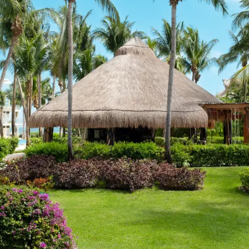 Thatched roof palapa surrounded by tropical gardens and palm trees at Iberostar Selection Riviera Cancun, Cancun