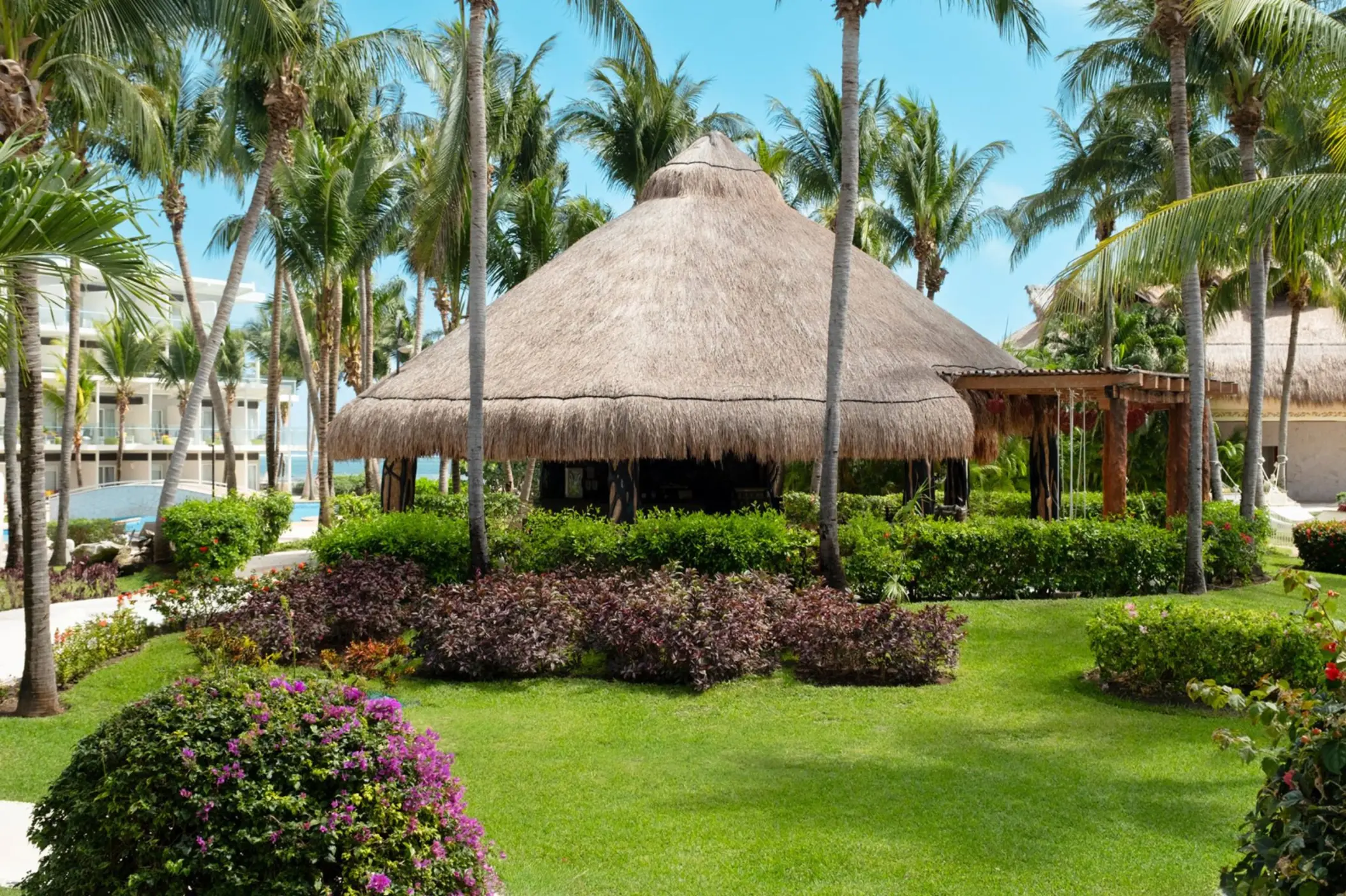 Thatched roof palapa surrounded by tropical gardens and palm trees at Iberostar Selection Riviera Cancun, Cancun