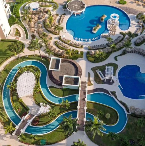 aerial view of the pools and lazy river at Iberostar Selection Rose Hall Suites