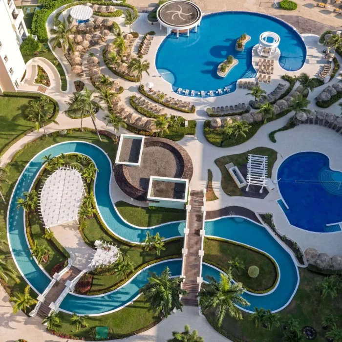 aerial view of the pools and lazy river at Iberostar Selection Rose Hall Suites