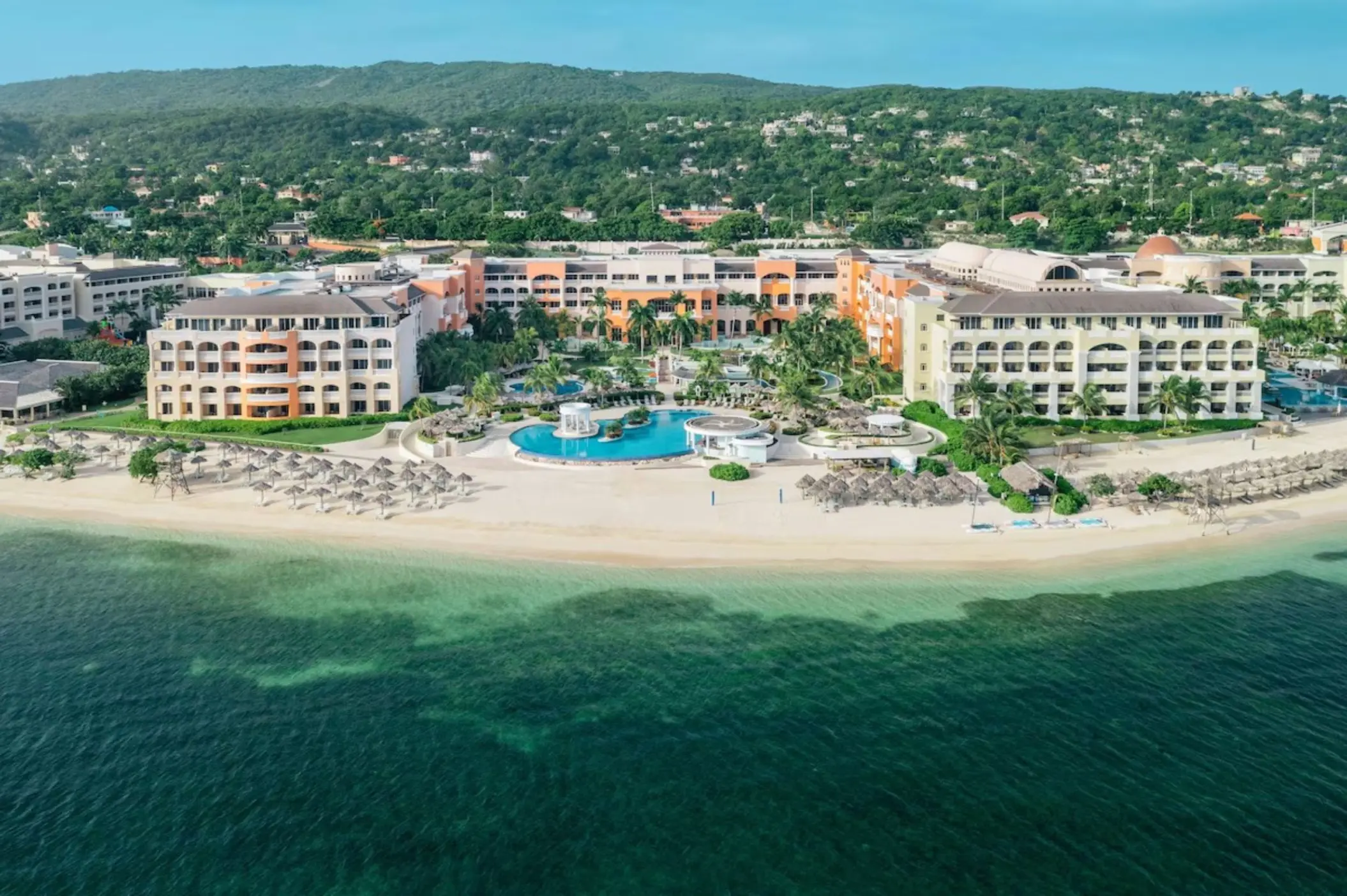 Aerial view of Iberostar Selection Rose Hall Suites beachfront and pools, Montego Bay