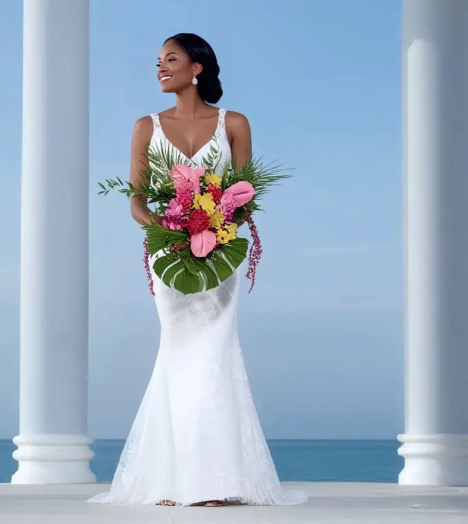 Bride with a tropical bouquet standing in the oceanfront gazebo at Iberostar Rose Hall Suites, Montego Bay