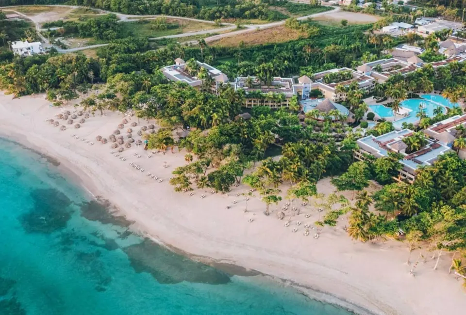 Aerial view of Iberostar Waves Costa Dorada beachfront and turquoise water, Puerto Plata