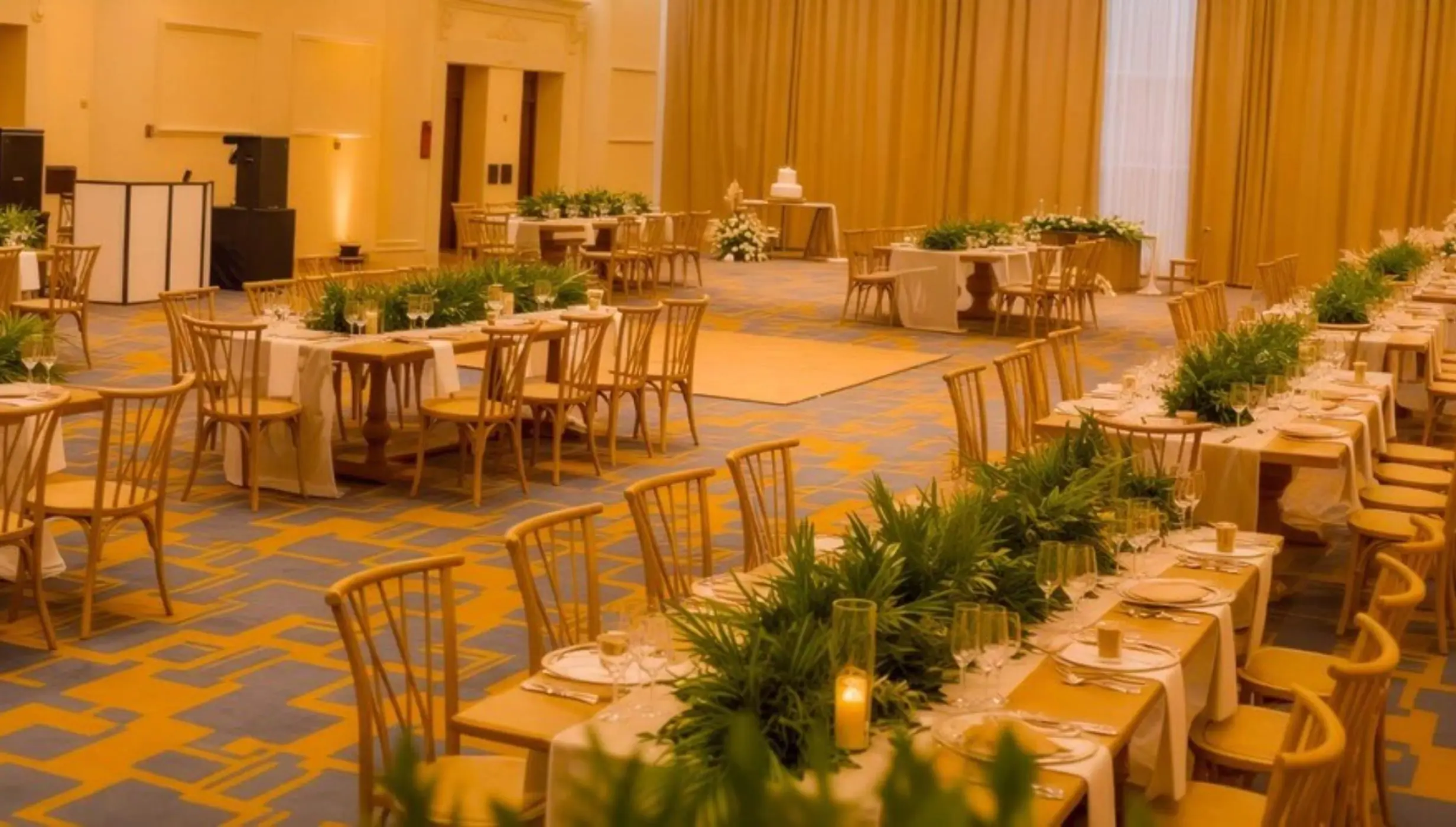 Indoor wedding reception with long wooden tables and greenery at Iberostar Waves Costa Dorada, Puerto Plata