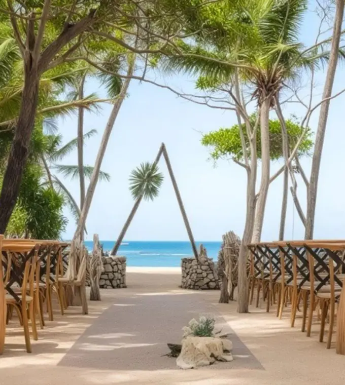 Triangle arch for a beach ceremony under palm trees at Iberostar Waves Costa Dorada, Puerto Plata