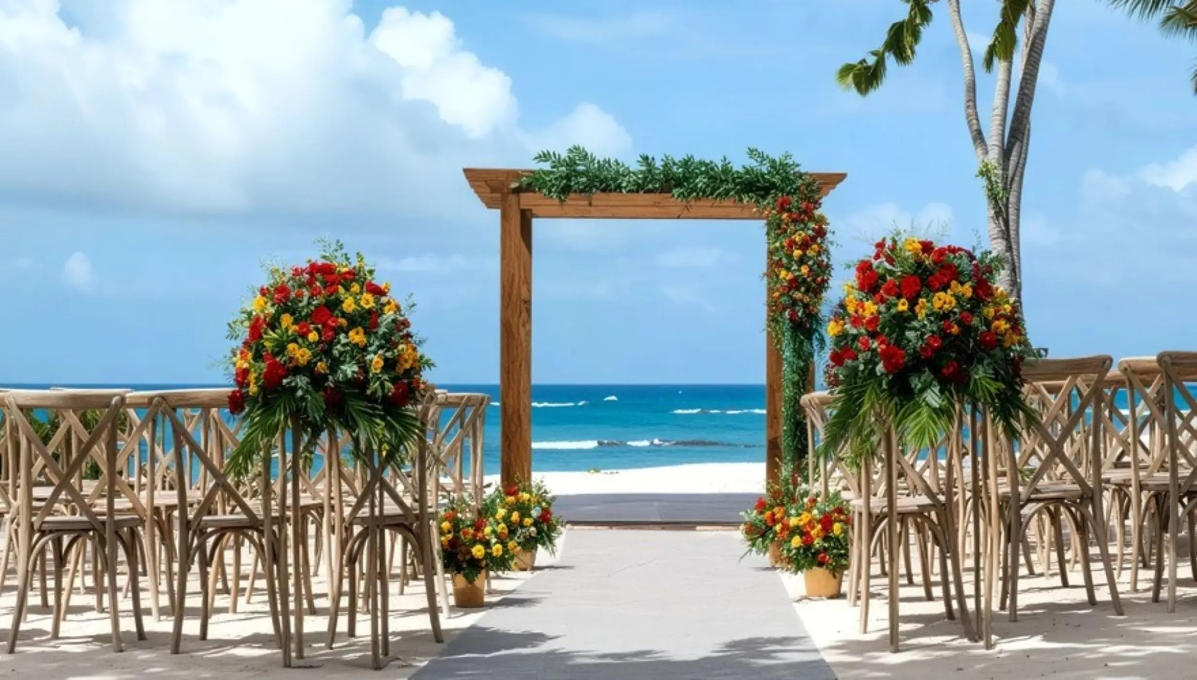 Beachfront wedding ceremony with a wooden arch and floral arrangements at Iberostar Waves Costa Dorada, Puerto Plata