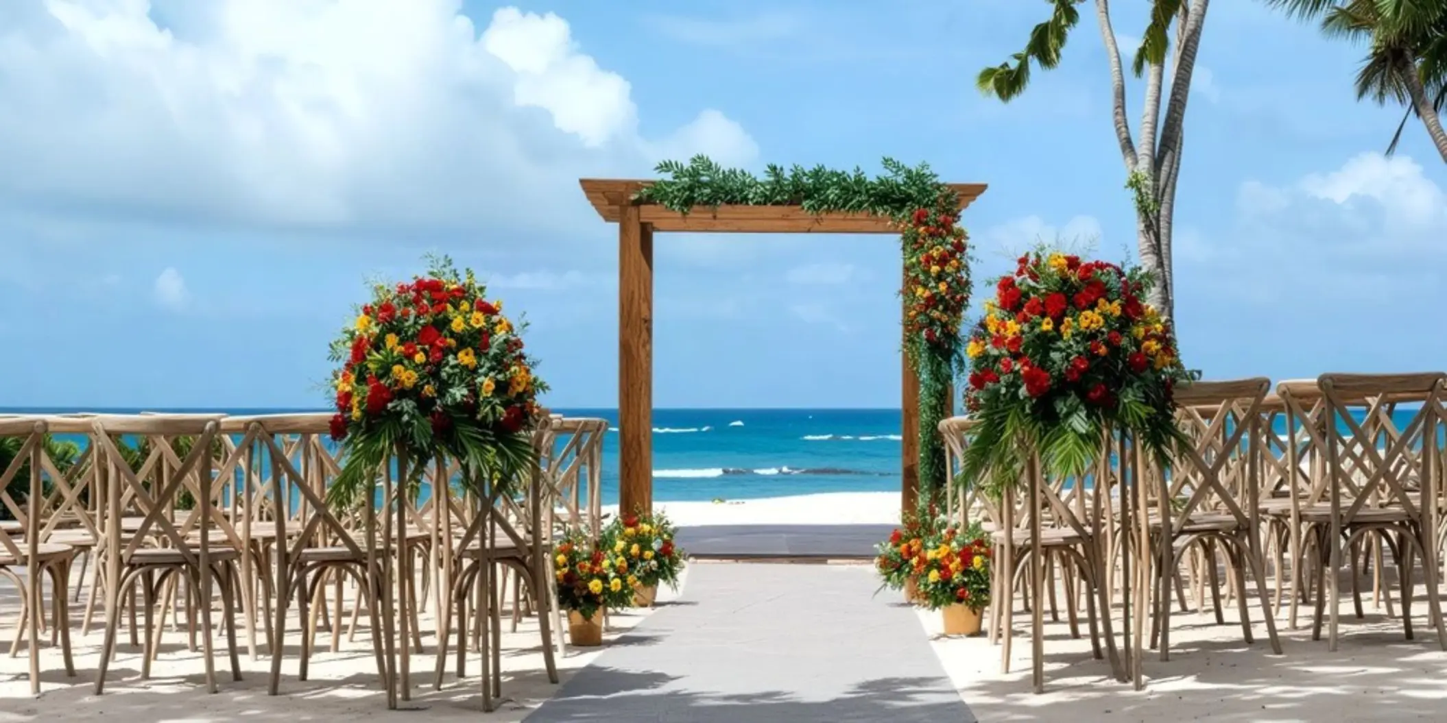 Beachfront wedding ceremony with a wooden arch and floral arrangements at Iberostar Waves Costa Dorada, Puerto Plata