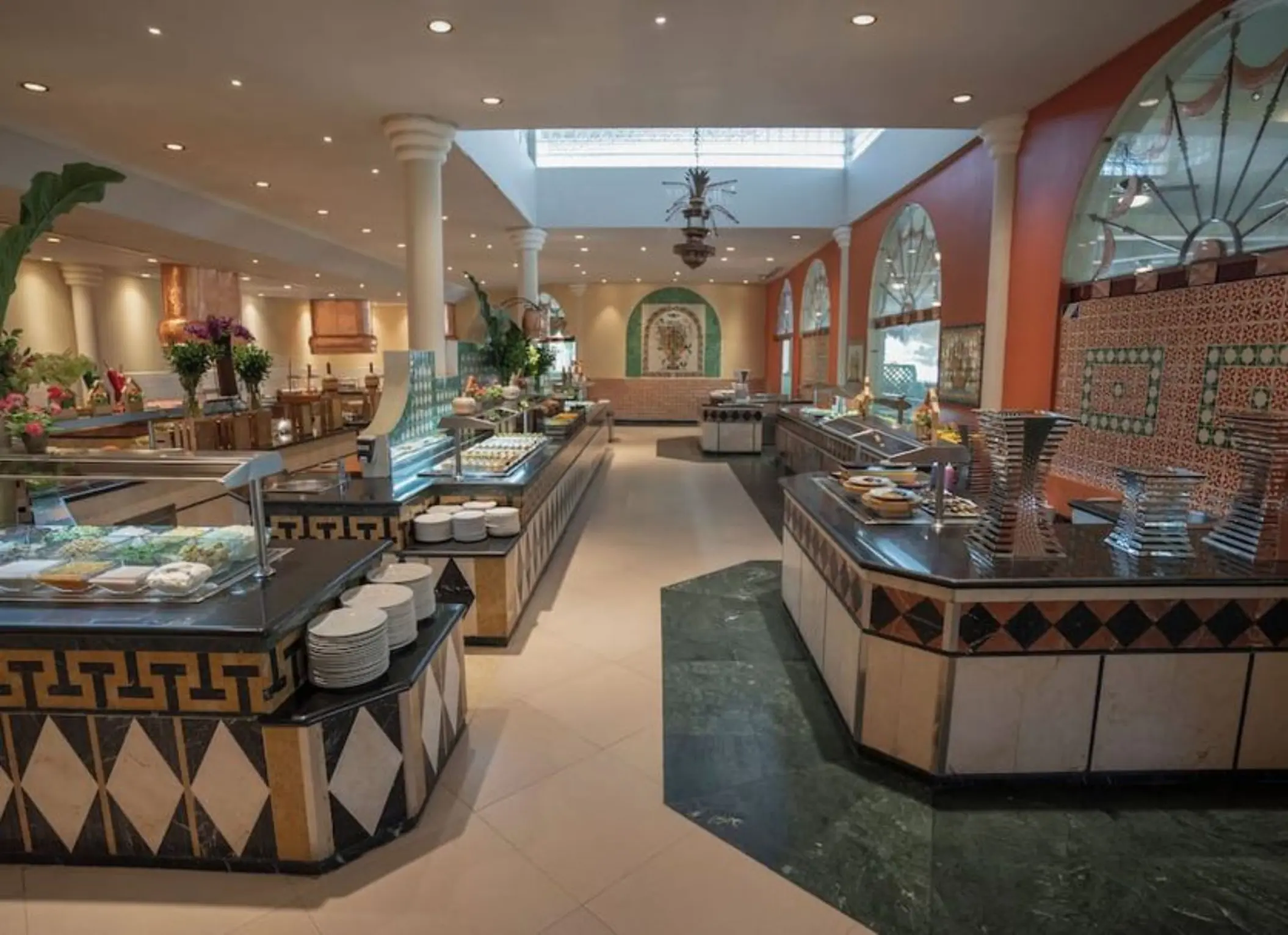 Buffet restaurant serving stations with tiled counters at Iberostar Waves Costa Dorada, Puerto Plata
