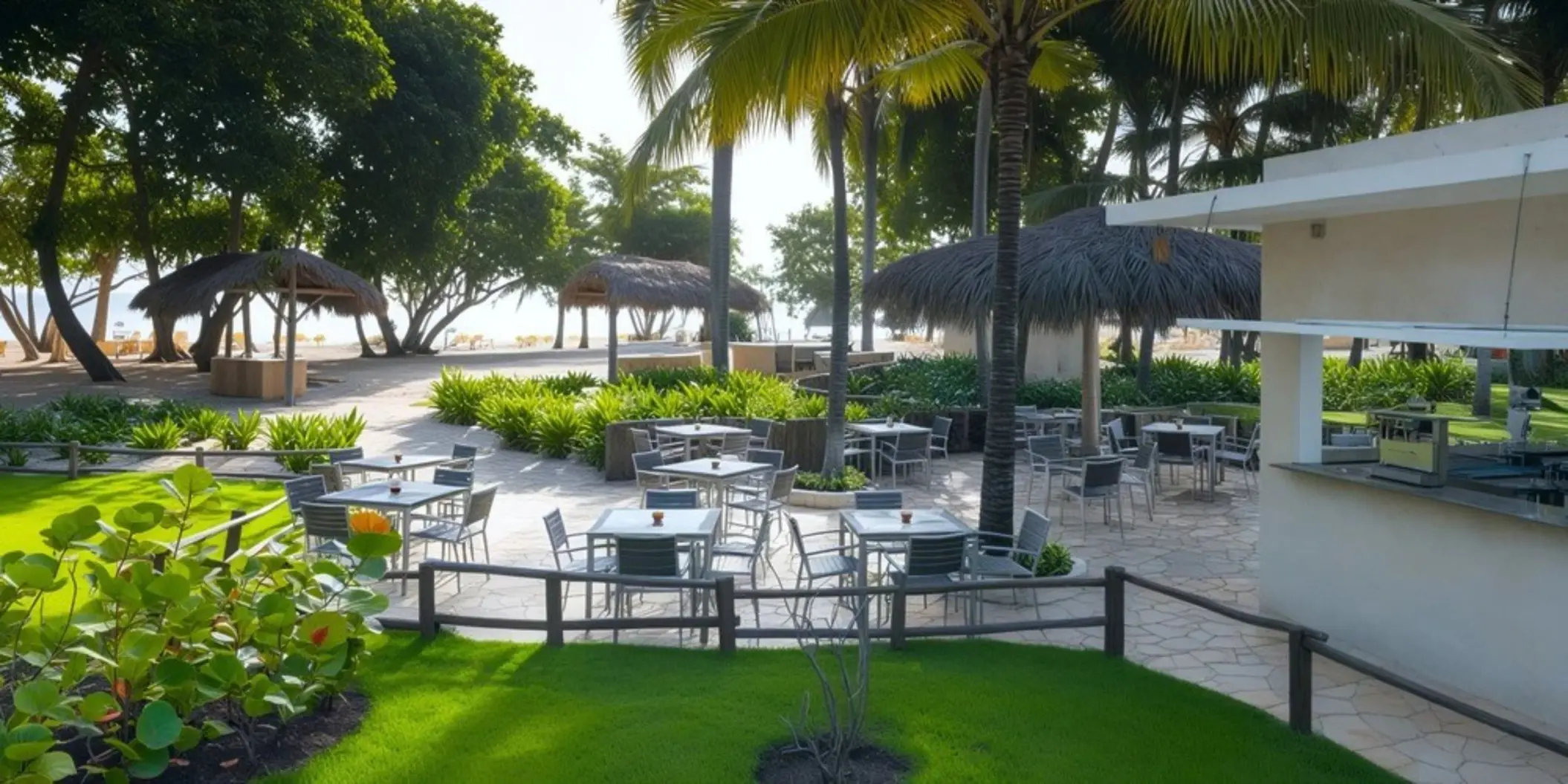 Outdoor seating area at El Chiringuito bar at Iberostar Waves Costa Dorada, Puerto Plata