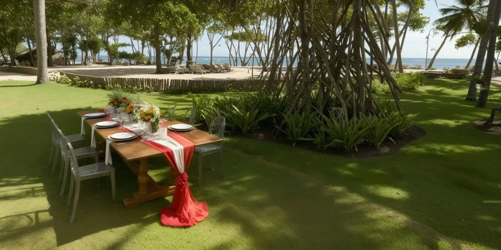 Garden wedding reception setup on the lawn at Iberostar Costa Dorada, Puerto Plata