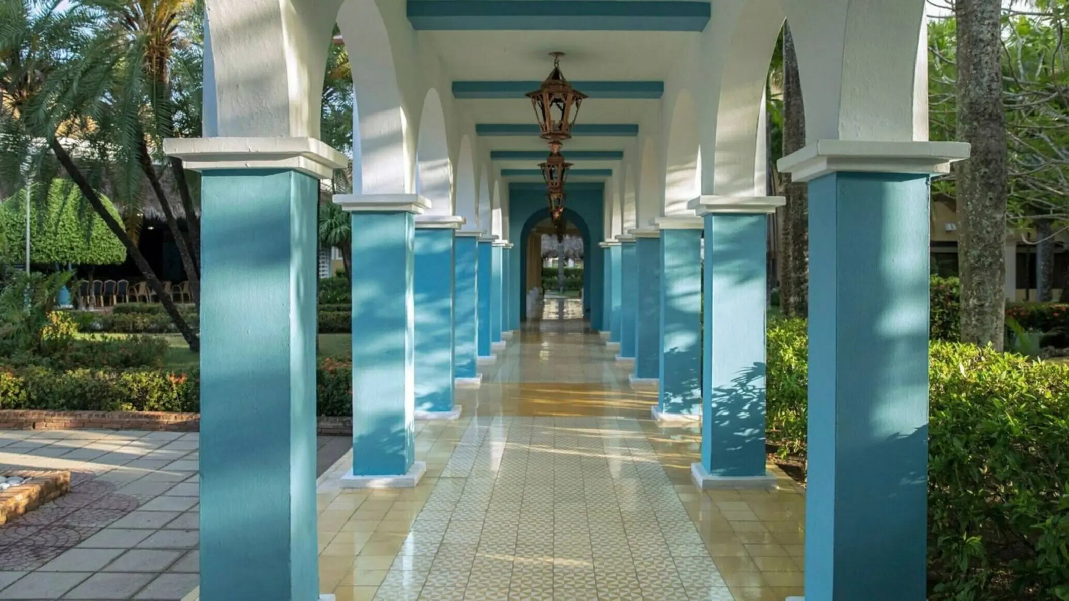 Blue and white arched walkway at Iberostar Costa Dorada, Puerto Plata