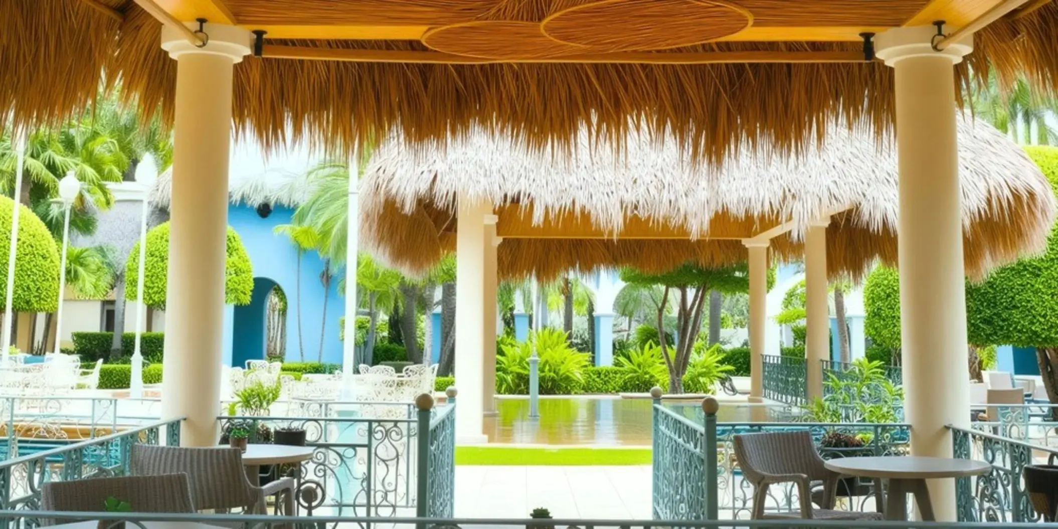 Thatched-roof gazebo bar area with patio seating at Iberostar Waves Costa Dorada, Puerto Plata