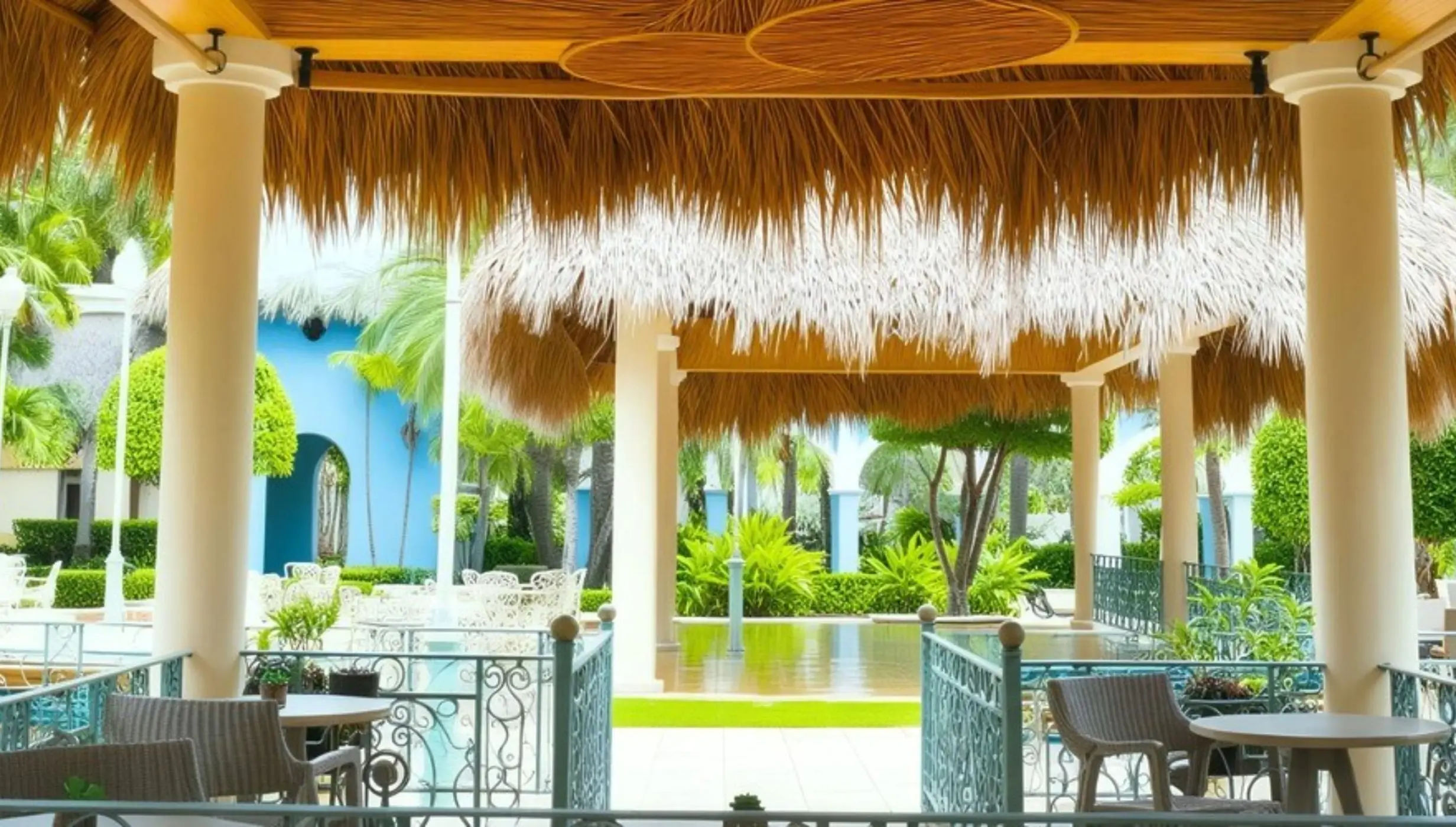 Thatched-roof gazebo bar area with patio seating at Iberostar Waves Costa Dorada, Puerto Plata