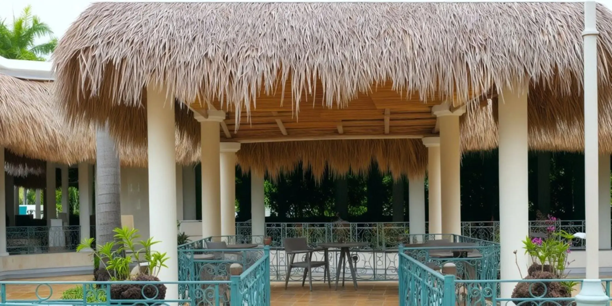 Palapa roof gazebo venue with white columns and outdoor seating at Iberostar Costa Dorada, Puerto Plata