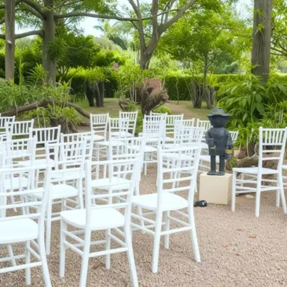 Orchid garden wedding ceremony venue with white chairs at Iberostar Waves Costa Dorada, Puerto Plata