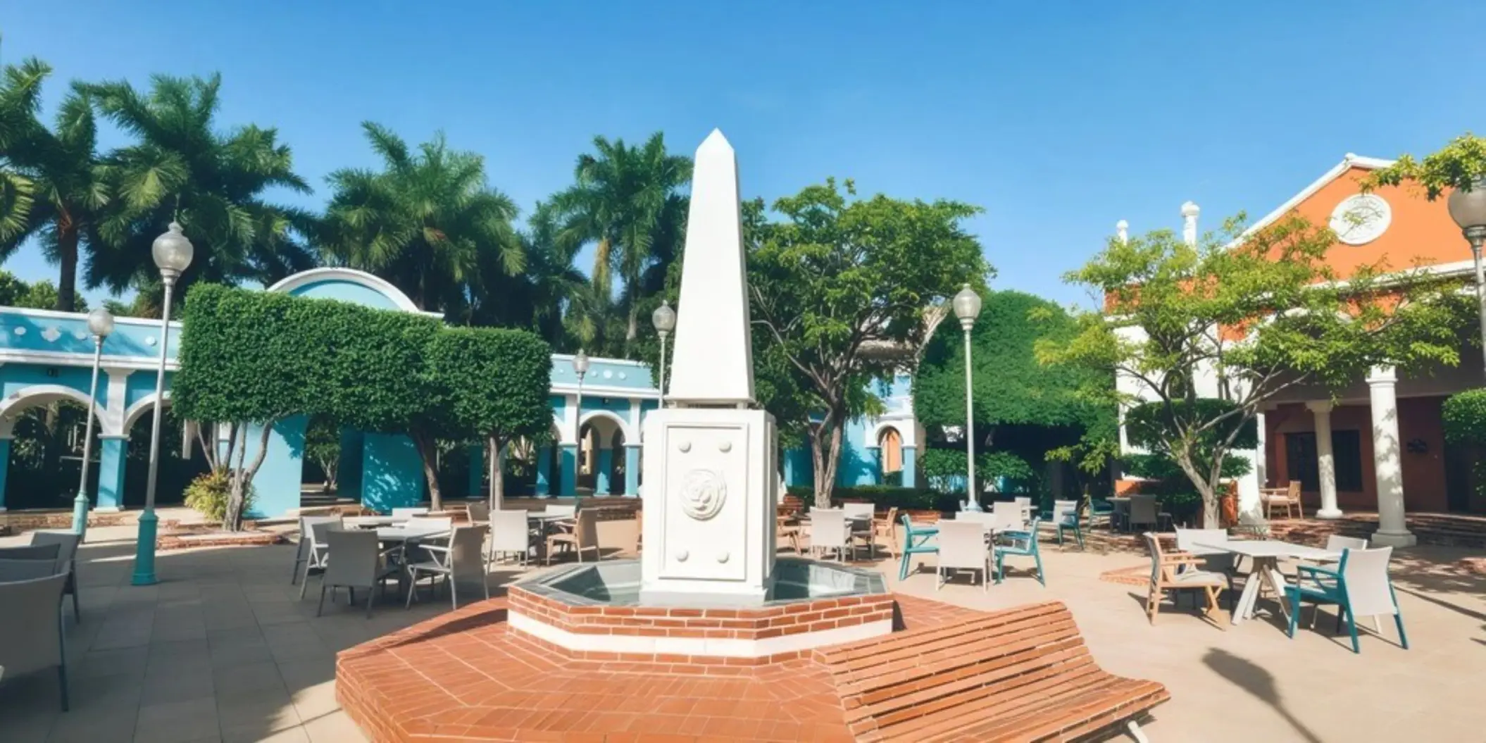 Plaza Colonial obelisk and outdoor seating at Iberostar Waves Costa Dorada, Puerto Plata