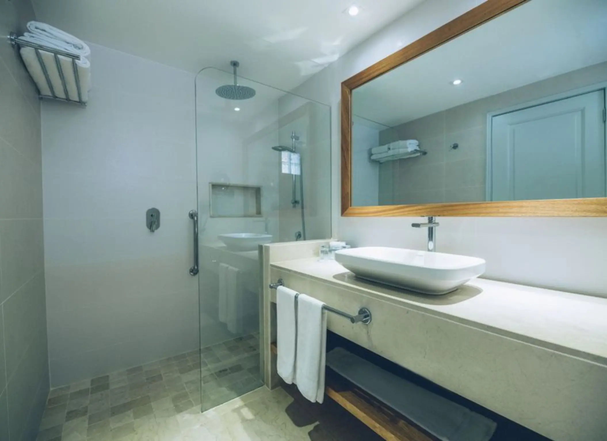 Iberostar Costa Dorada suite bathroom with a vessel sink and glass shower, Puerto Plata