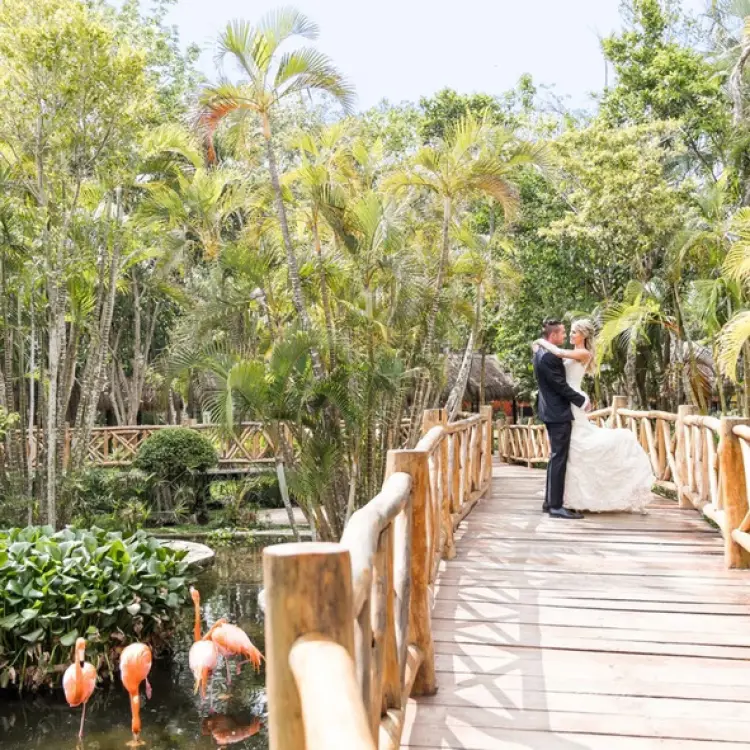 Bride and groom embracing on a wooden bridge at Iberostar Waves Cozumel