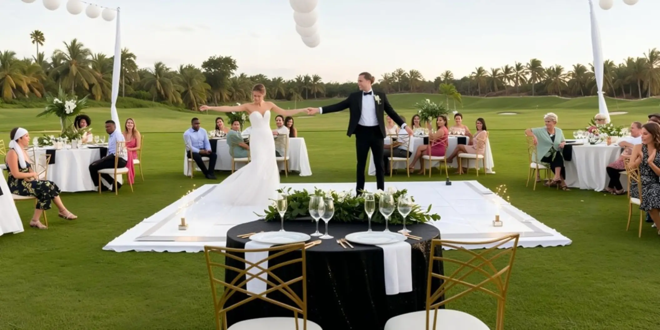 The couple's first dance on an outdoor garden dance floor at Iberostar Waves Dominicana, Punta Cana