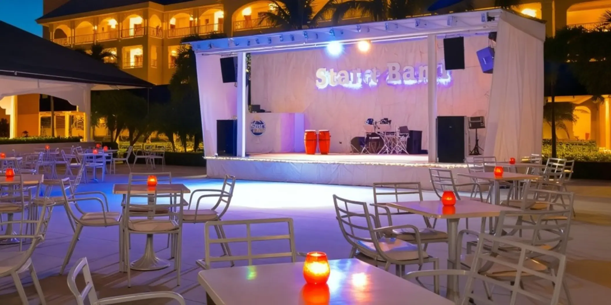 Plaza Musical outdoor stage and reception tables at Iberostar Waves Dominicana, Punta Cana