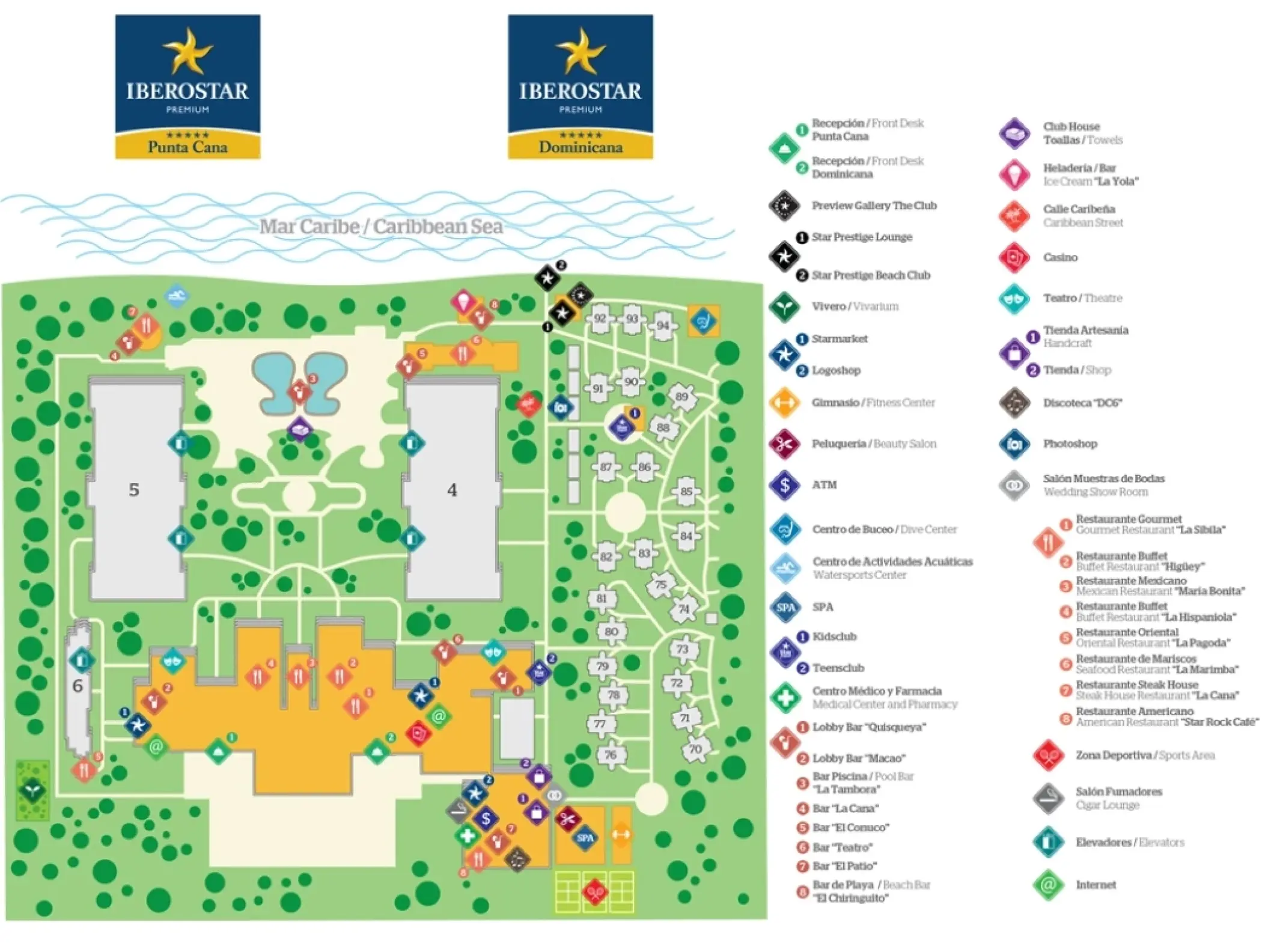 Resort map for Iberostar Waves Dominicana in Punta Cana showing guest rooms, pools, and beach access