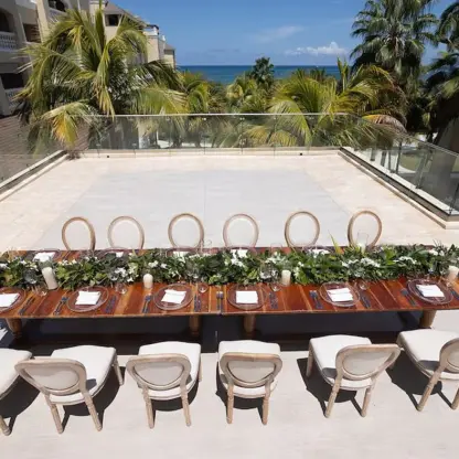 Outdoor wedding reception table at Bob Marley Terrace, Iberostar Waves Rose Hall Beach