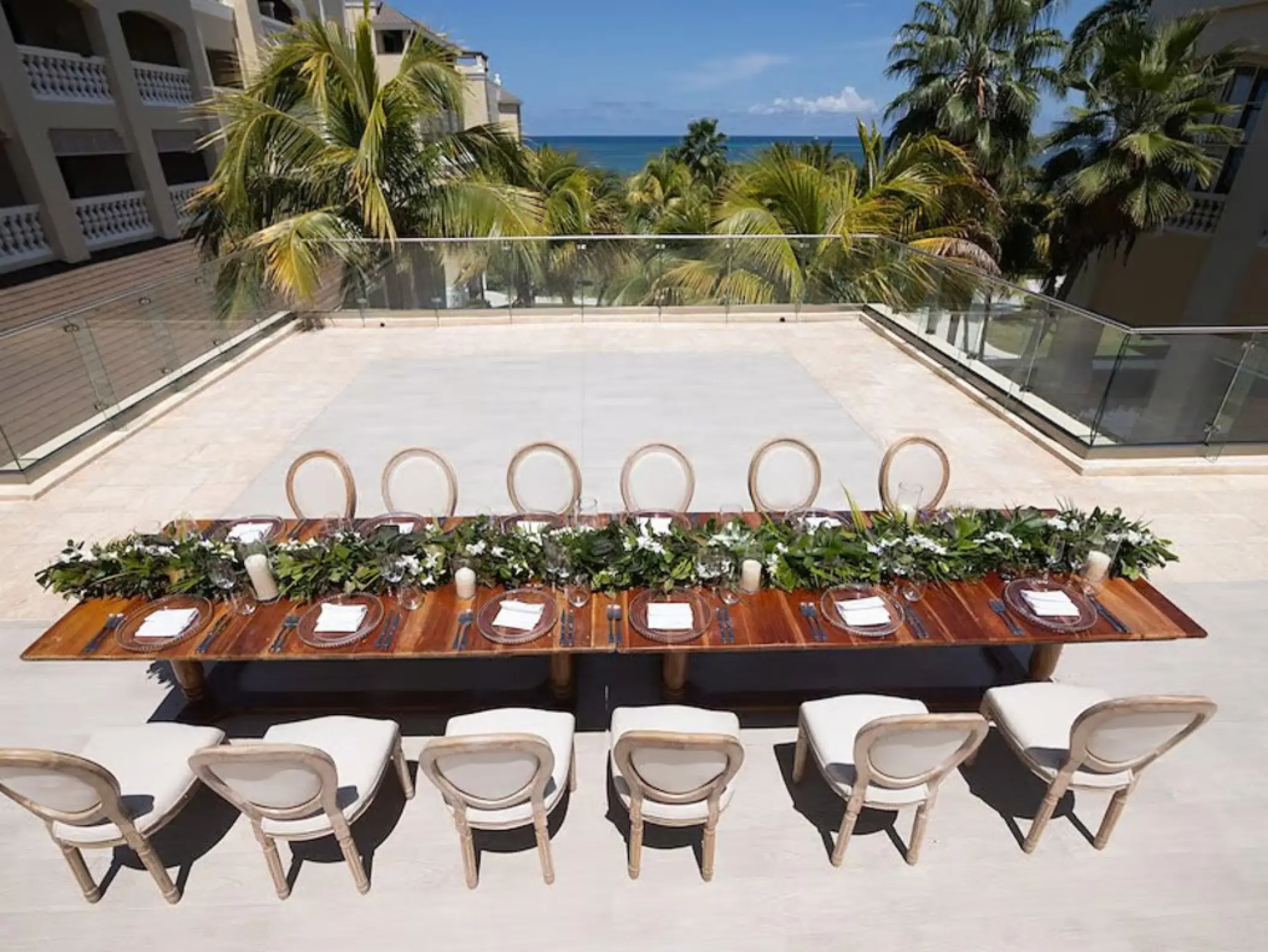 Outdoor wedding reception table at Bob Marley Terrace, Iberostar Waves Rose Hall Beach