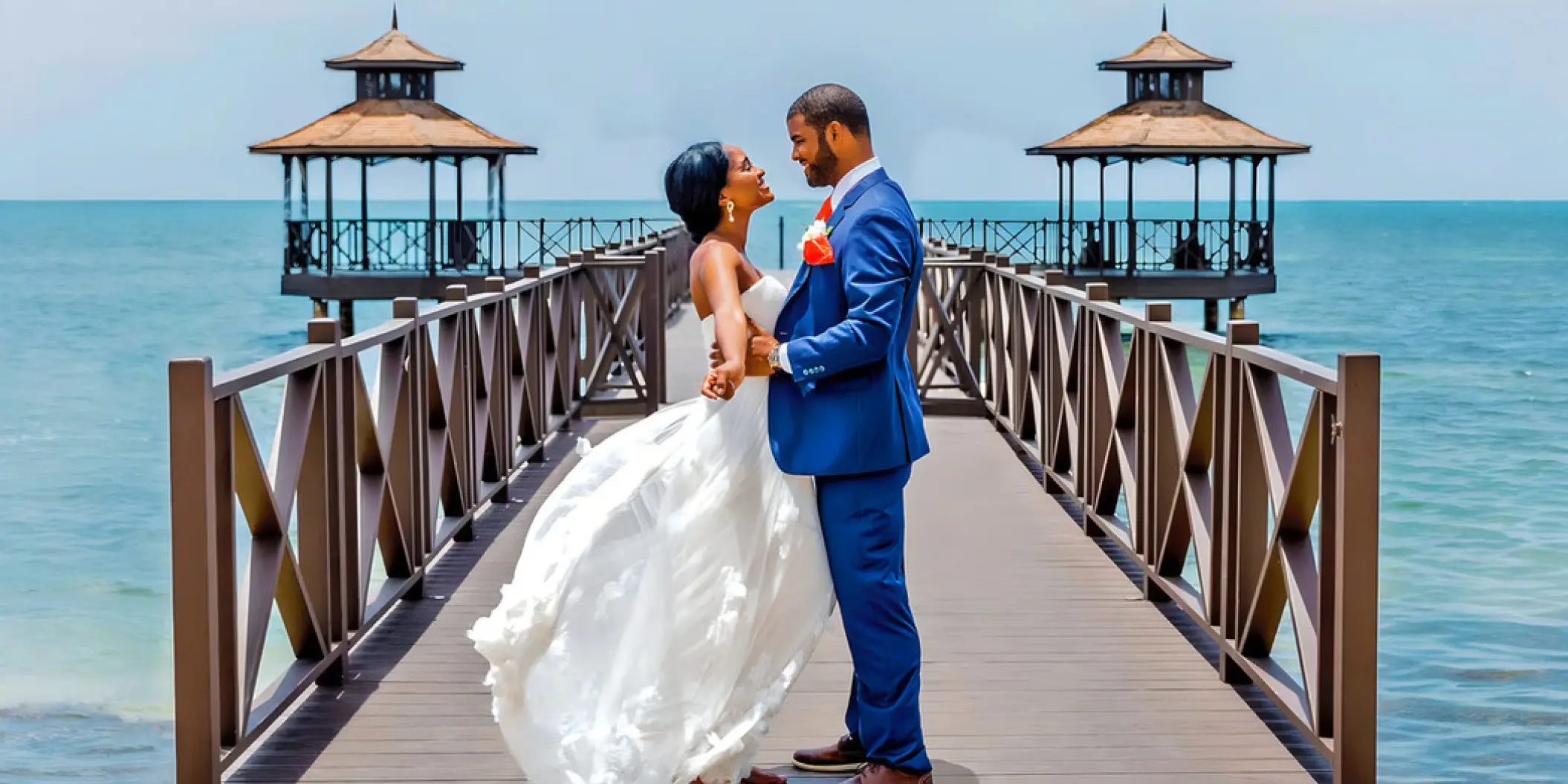 Bride and groom posing on the pier at Iberostar Rose Hall Beach, Montego Bay