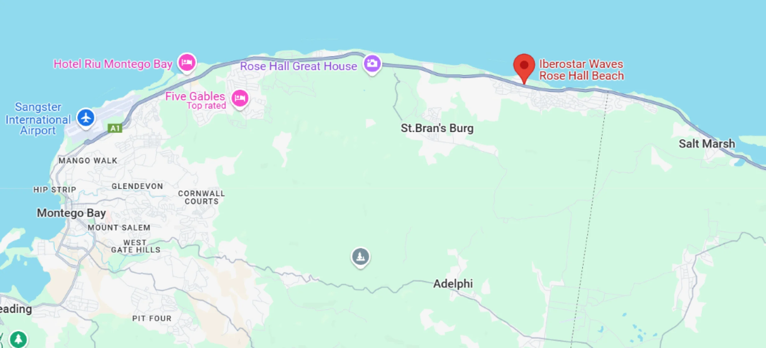 map showing location of Iberostar Waves Rose Hall Beach in Montego Bay