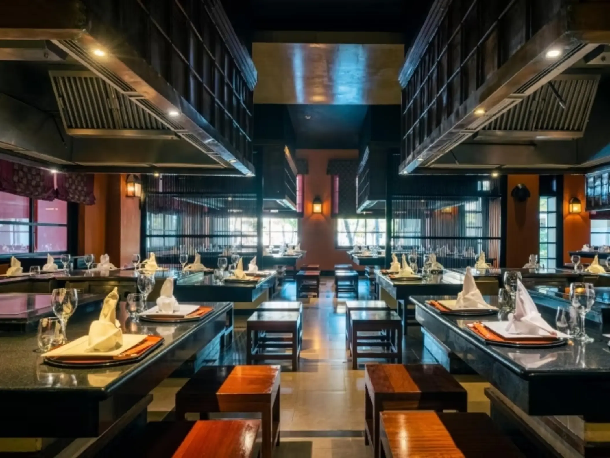 Samurai restaurant teppanyaki tables and seating at Iberostar Waves Rose Hall Beach, Montego Bay