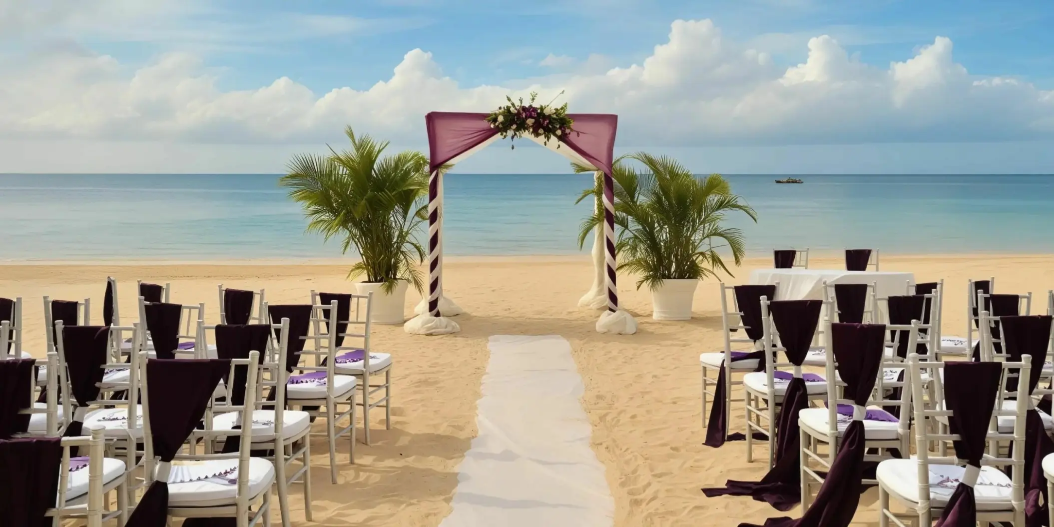 Beachfront wedding ceremony setup with purple decor at JOIA Rose Hall by Iberostar, Montego Bay