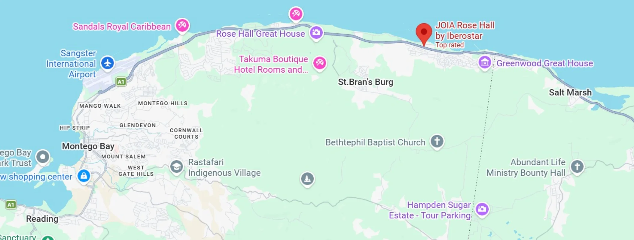 Map showing location of JOIA Rose Hall by Iberostar in Jamaica