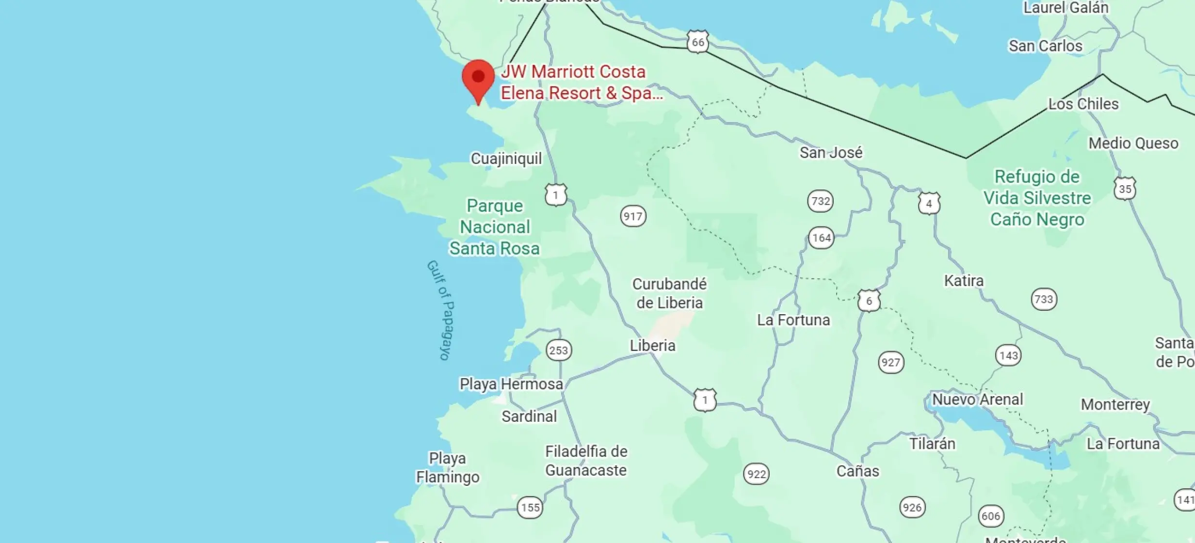 Map showing the location of JW Marriott Costa Elena in El Jobo, Costa Rica