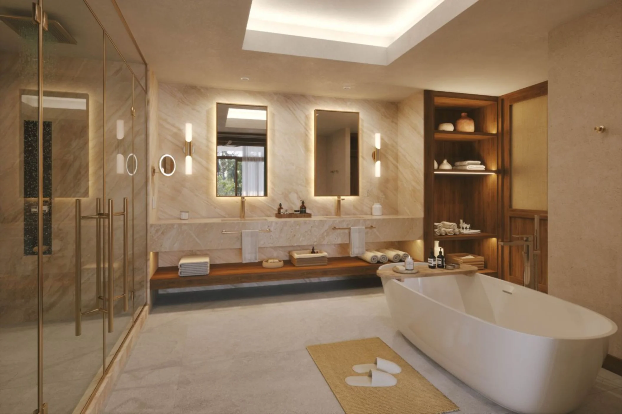 bathroom with tub, 2 vanities and walk in shower of the presidential suite at JW Marriott Costa Elena