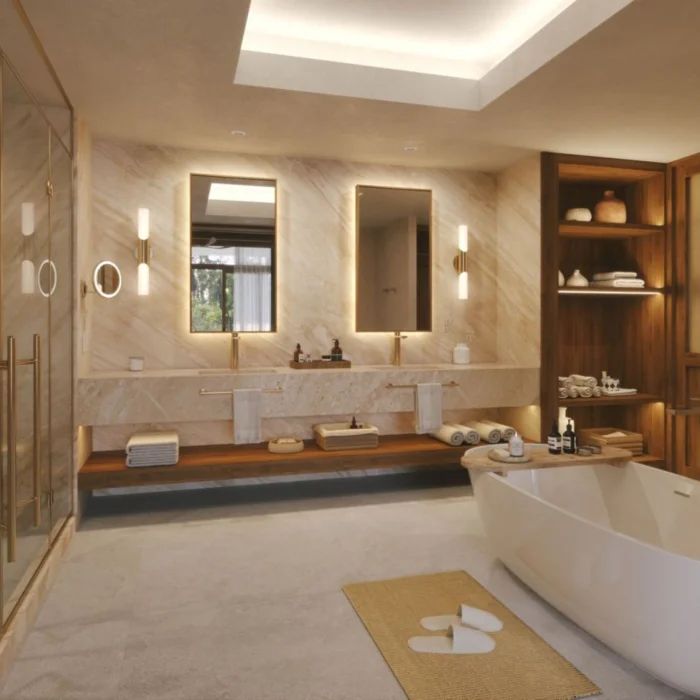 bathroom with tub, 2 vanities and walk in shower of the presidential suite at JW Marriott Costa Elena