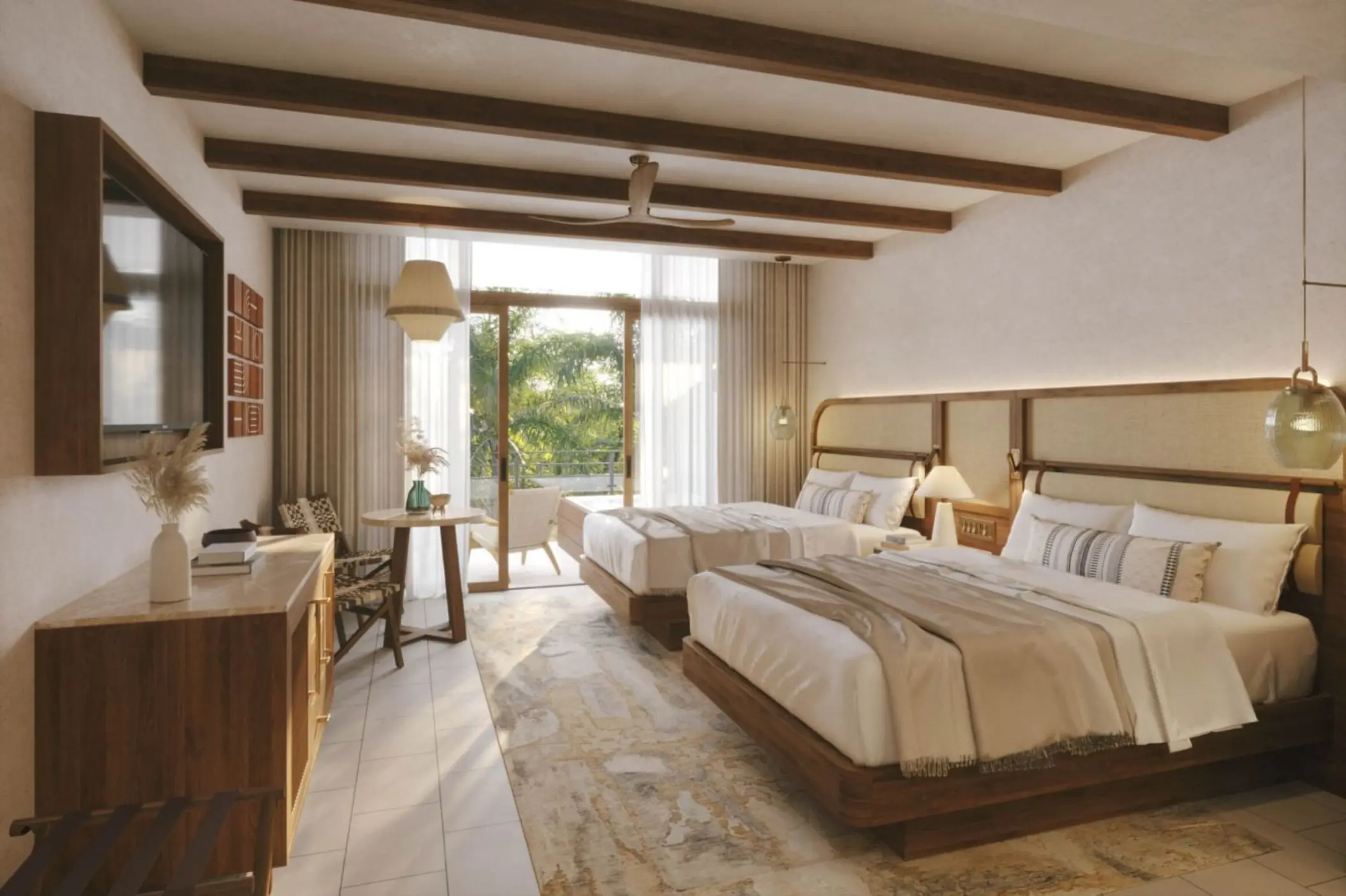 Double queen suite with wood-beamed ceilings and balcony at JW Marriott Costa Elena, El Jobo