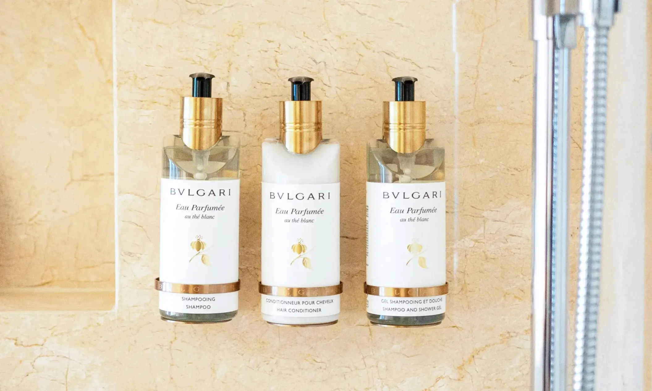 Bvlgari washroom amenities in a shower niche at Le Blanc Spa Resort, Cancun