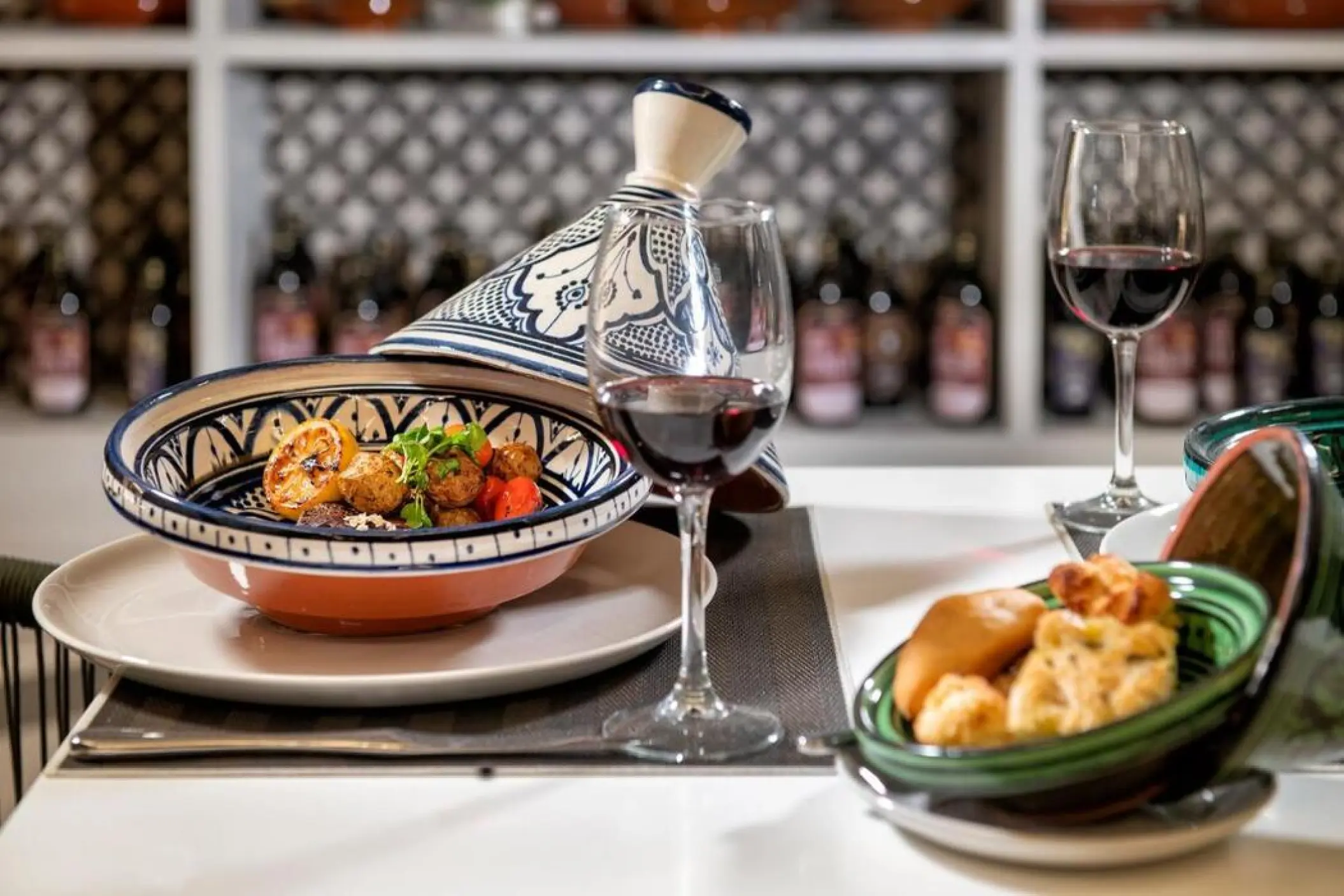 Tagine and glasses of red wine at Lopesan Costa Bavaro, Punta Cana